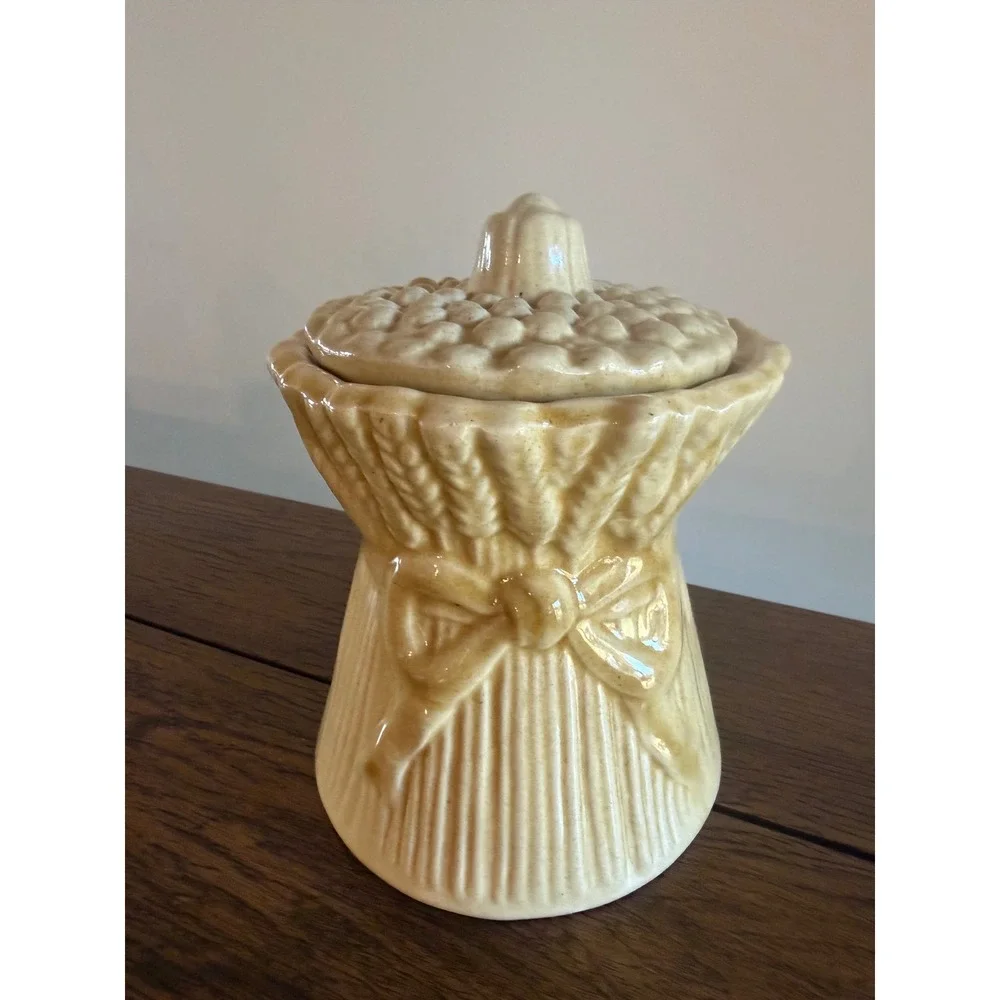 Vintage Wheat Sheaf Ceramic Lidded Jar Canister Yellow Farmhouse Harvest Decor